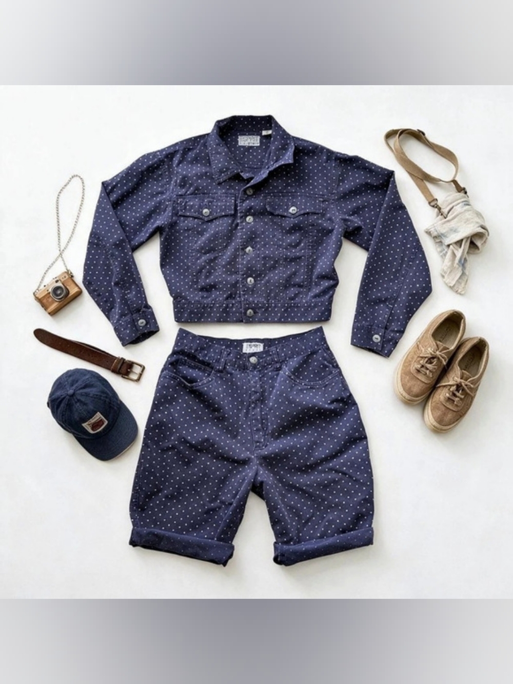 Vintage Esprit Navy Polka Dot 2-Piece Set Denim Jacket + Shorts RARE
